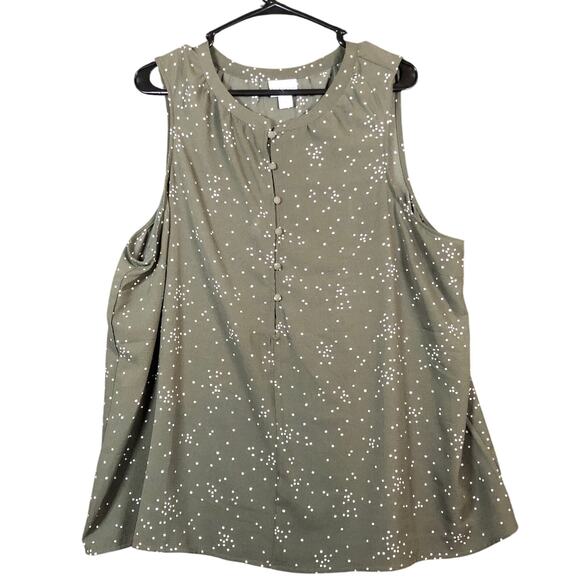 Ava & Viv Womens Blouse Green White Polka Dot Sleeveless Henley Stretch 1X - Picture 1 of 12